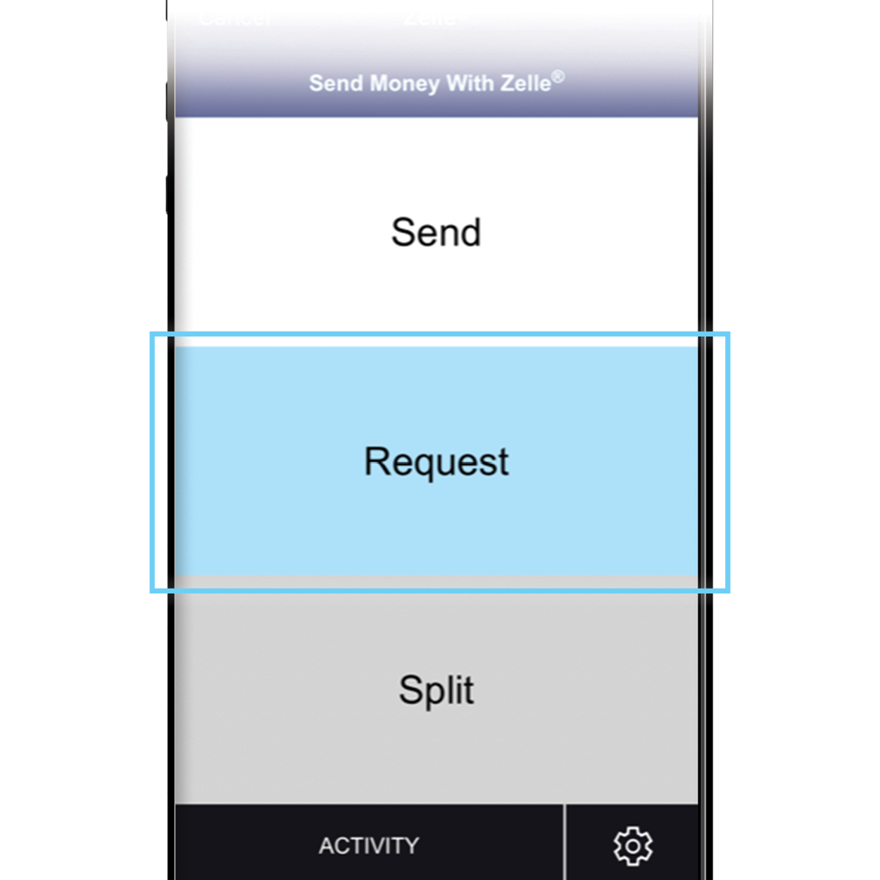 Zelle app with Request button selected. 