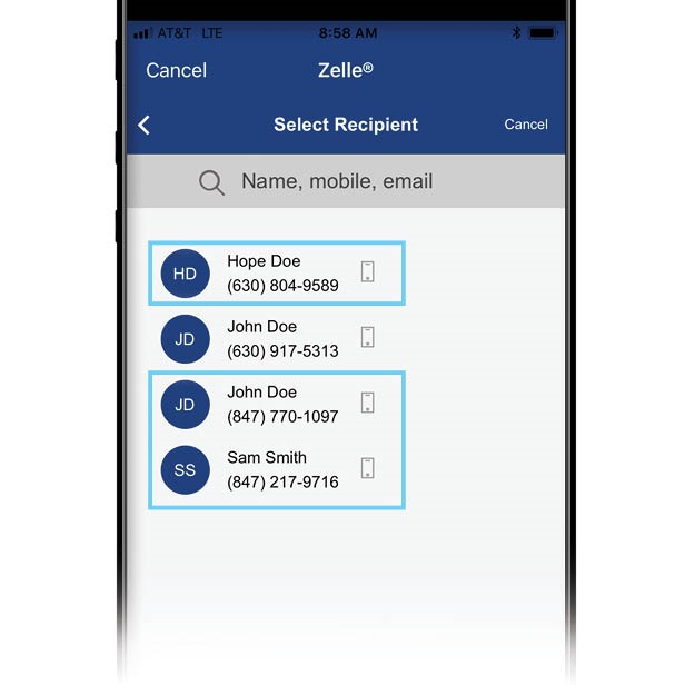 Zelle app showing multiple contacts' information to split a payment between. 