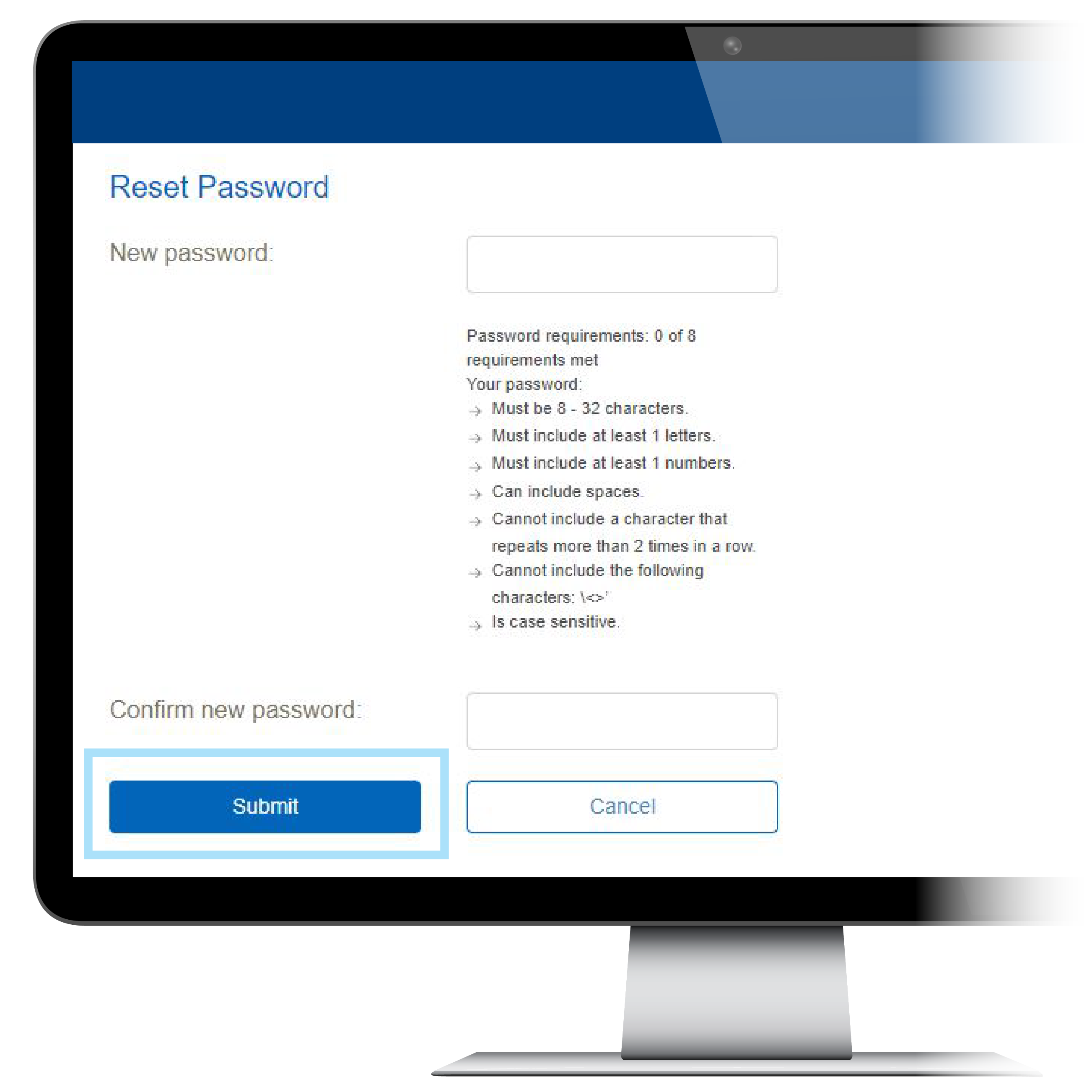 Create and confirm your new password, and select “Submit.”